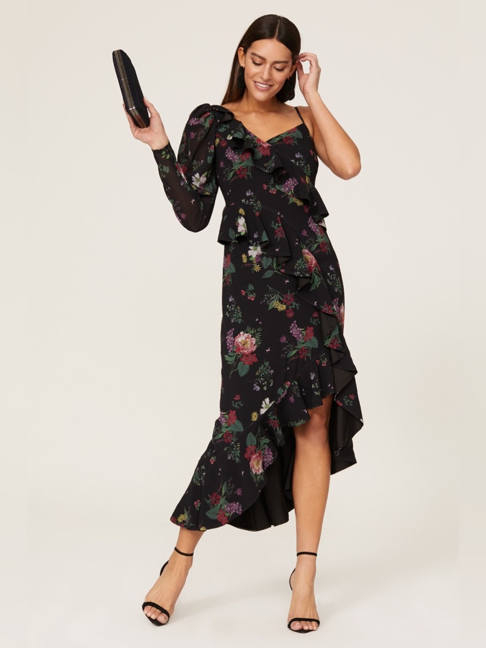 AMUR Black Floral Ruffle Midi Pasqualena One Shoulder Dress Sz 4